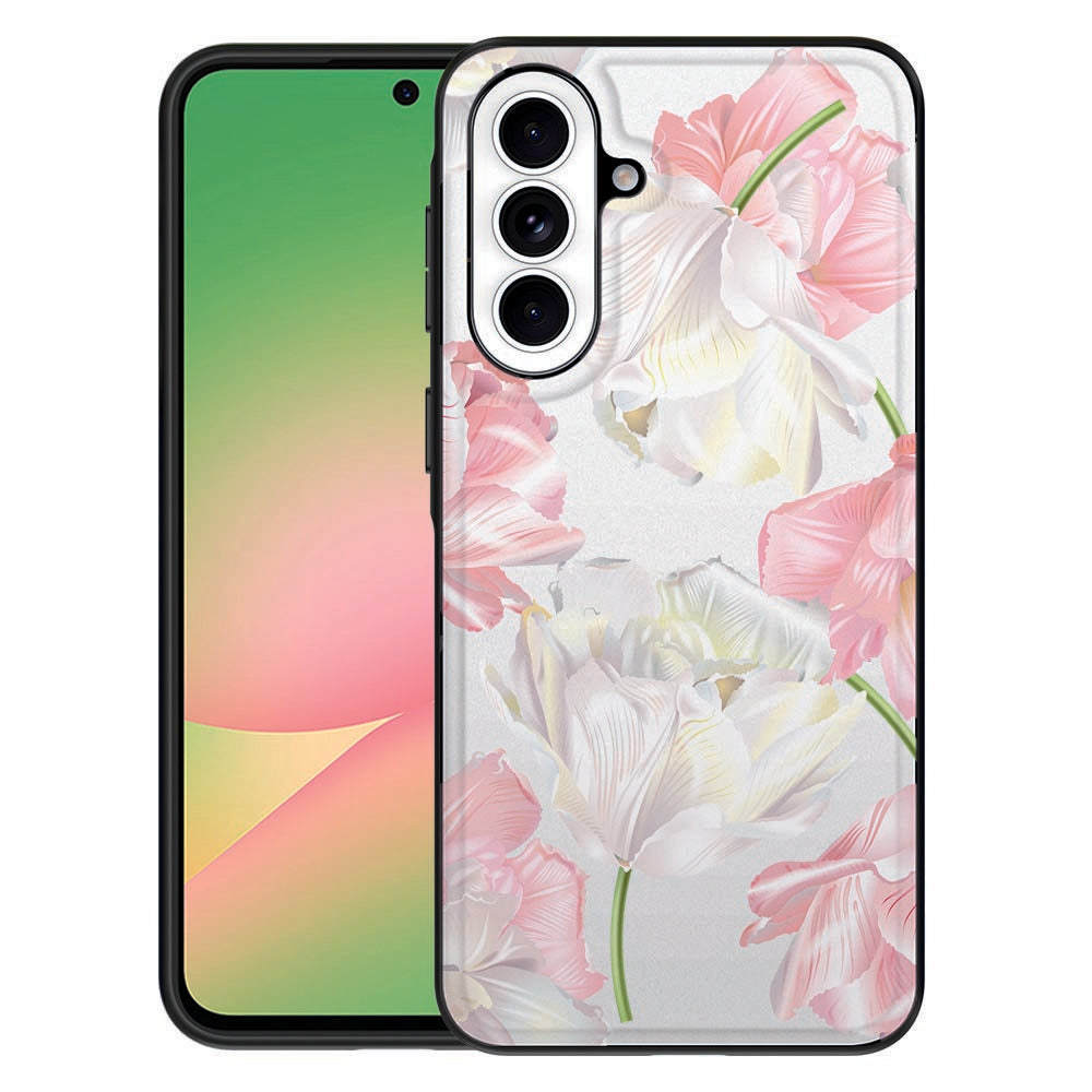 Samsung Galaxy A57 Beschermhoes Lovely Flowers Detail weergave van bloemen print op PU kunstleer met zwarte rand.