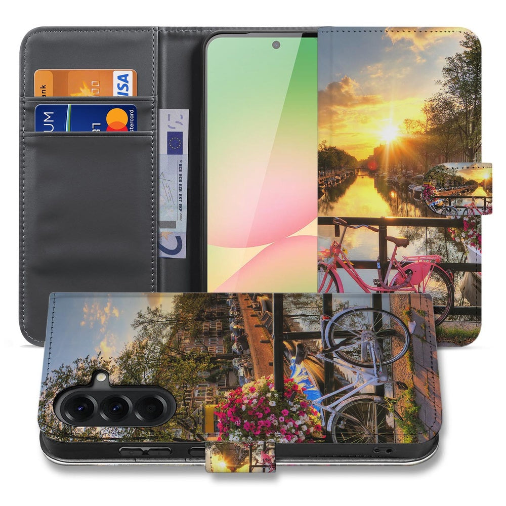 Samsung Galaxy A57 Book Case Hoesje Amsterdamse Grachten Vooraanzicht met grachtenprint en binnenkant.
