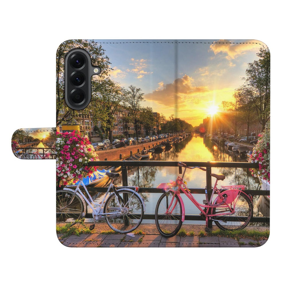 Samsung Galaxy A57 Book Case Hoesje Amsterdamse Grachten fiets bloemen canal uitzicht.