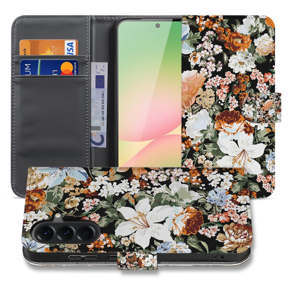 Samsung Galaxy A57 Portemonnee Hoesje Dark Flowers Voor- en achteraanzicht.