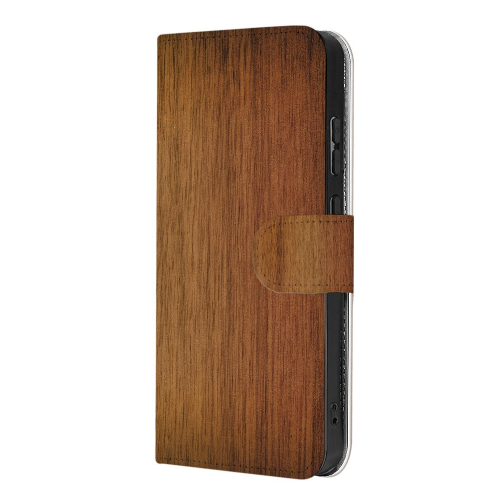 Samsung Galaxy A57 Bookcase Hoesje Donker Hout Vooraanzicht Donker houtprint kunstleer.