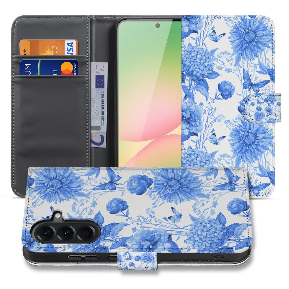 Samsung Galaxy A57 Book Case Blauw Bloemen Vooraanzicht Binnenkant.