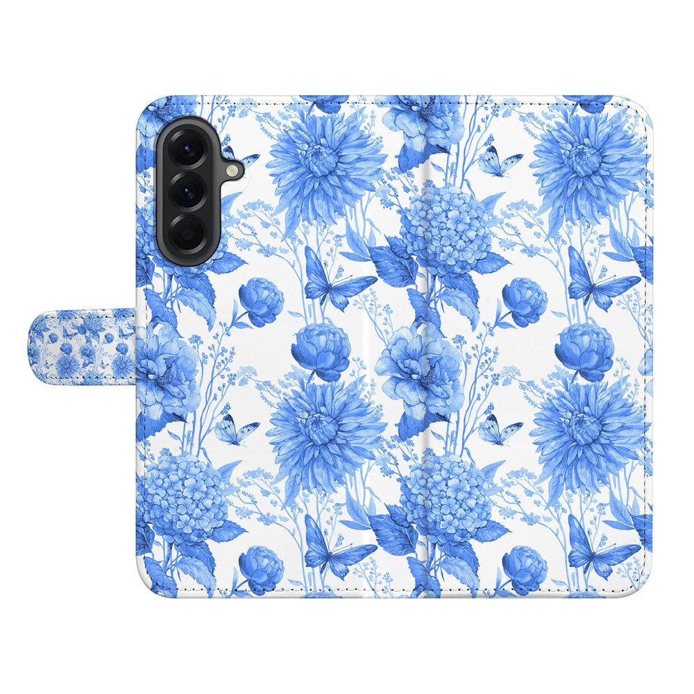 Samsung Galaxy A57 Book Case Blauw Bloemen Voor- en achteraanzicht.