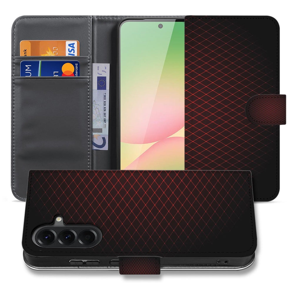 Samsung Galaxy A57 Hoesje Book Case Hoesje Geruit Rood binnenkant met vakjes en telefoon zichtbaar.