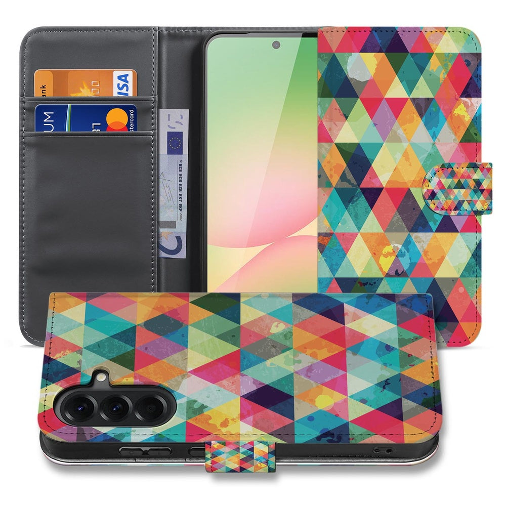 Samsung Galaxy A57 Telefoonhoesje Geruit Book Case schuin aanzicht met kleurrijk ruitpatroon.
