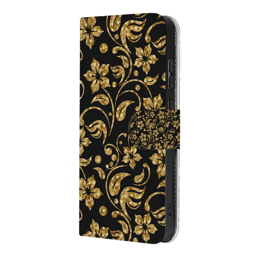 Samsung Galaxy A57 Hoesje Gouden Bloemen Gouden bloemenmotief op zwarte achtergrond Schuin aanzicht.