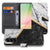 Samsung Galaxy A57 Bookcase Marmer Wit Zwart Gouden Lijn Voor- en achteraanzicht met opengeklapte case en telefoon.