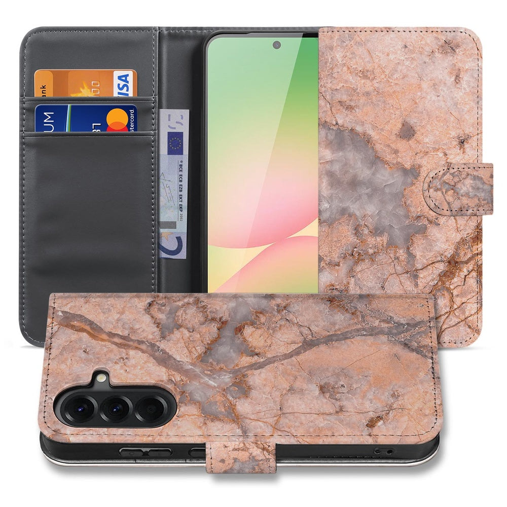 Bookcase Hoesje Samsung Galaxy A57 Marmer Oranje Voor- en achteraanzicht met marmer design en binnenvak.