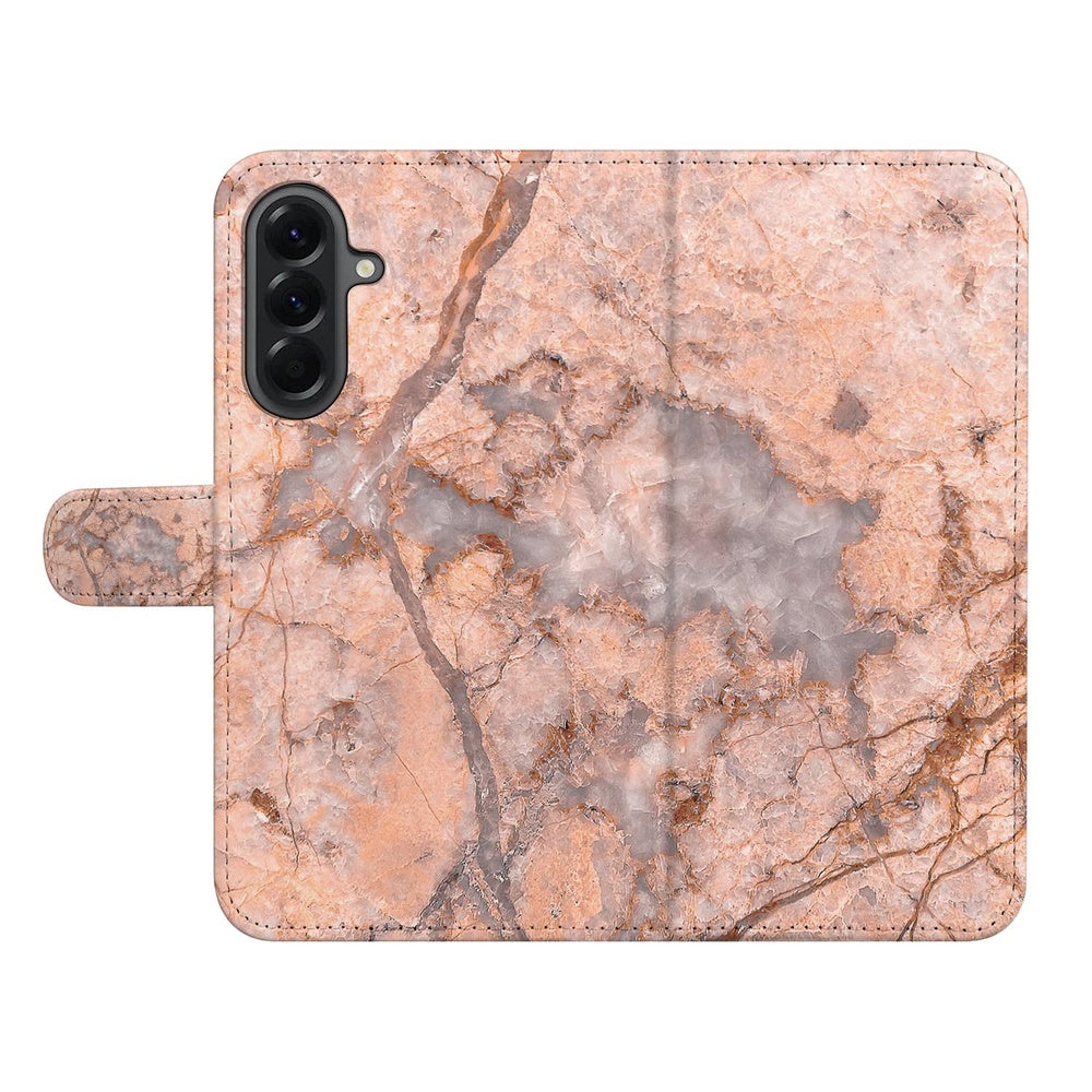 Bookcase Hoesje Samsung Galaxy A57 Marmer Oranje Voor- en achteraanzicht.
