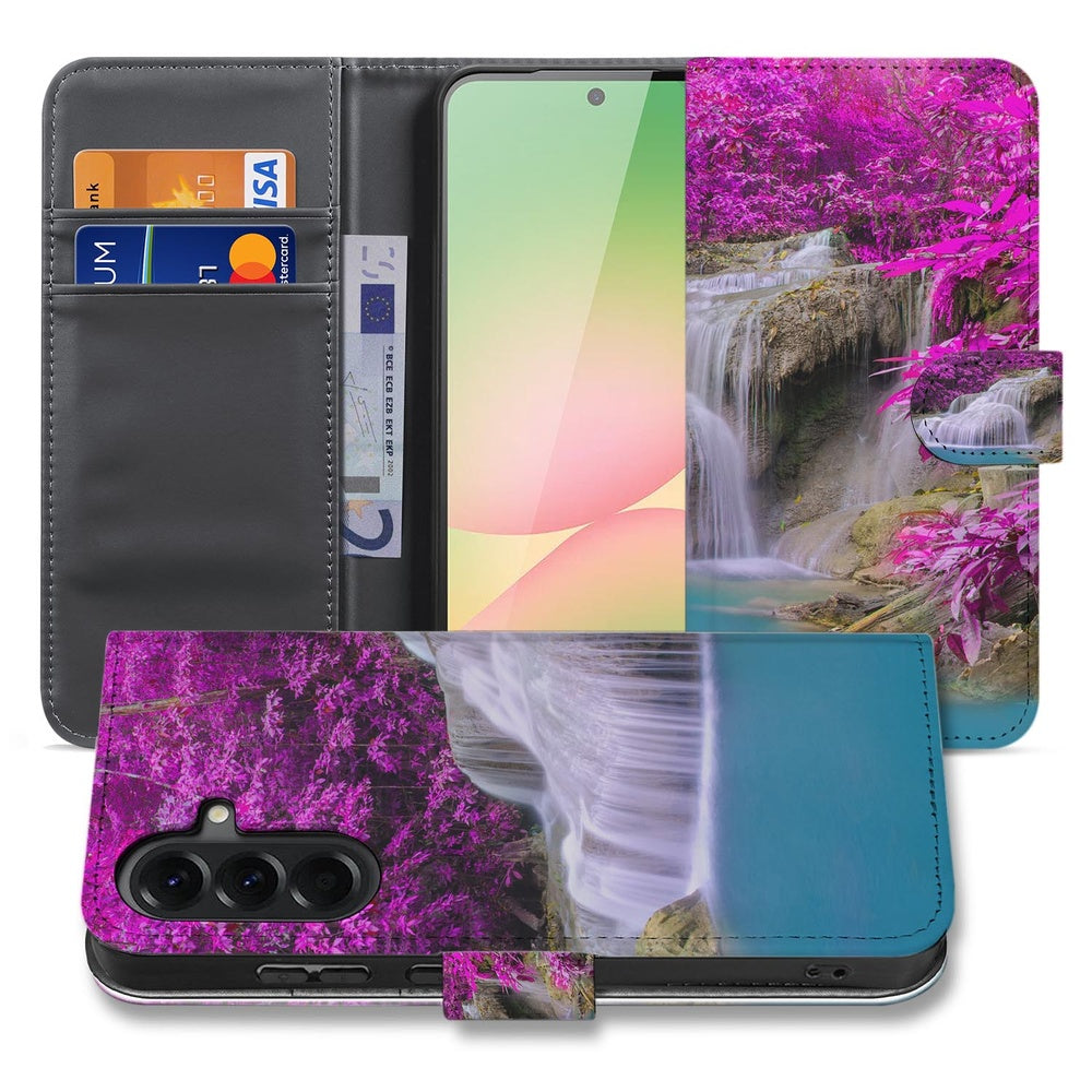 Samsung Galaxy A57 Portemonnee Hoesje Waterval Paars Vooraanzicht en Binnenkant.