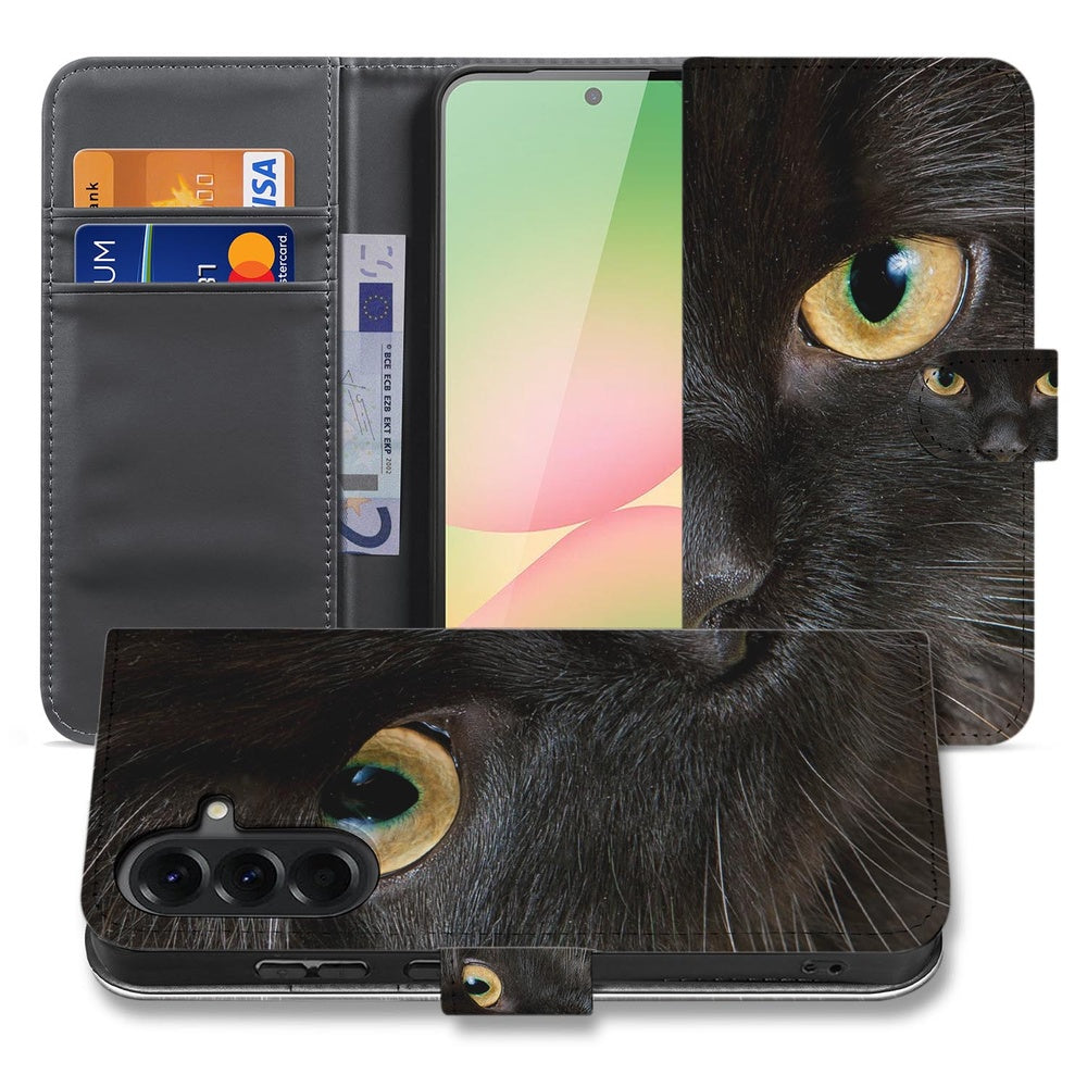 Samsung Galaxy A57 Portemonnee Hoesje Zwarte Kat Voor- en achteraanzicht.