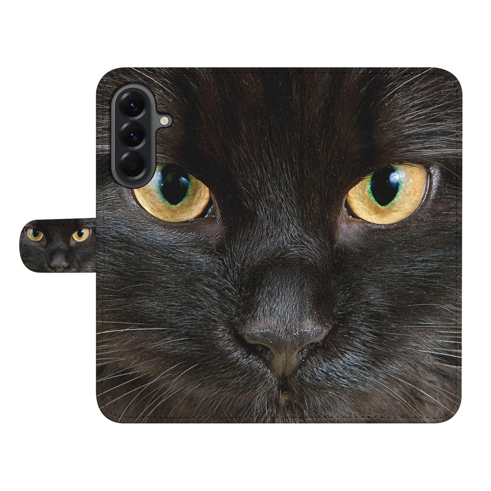 Samsung Galaxy A57 Portemonnee Hoesje Zwarte Kat Voor- en achteraanzicht.