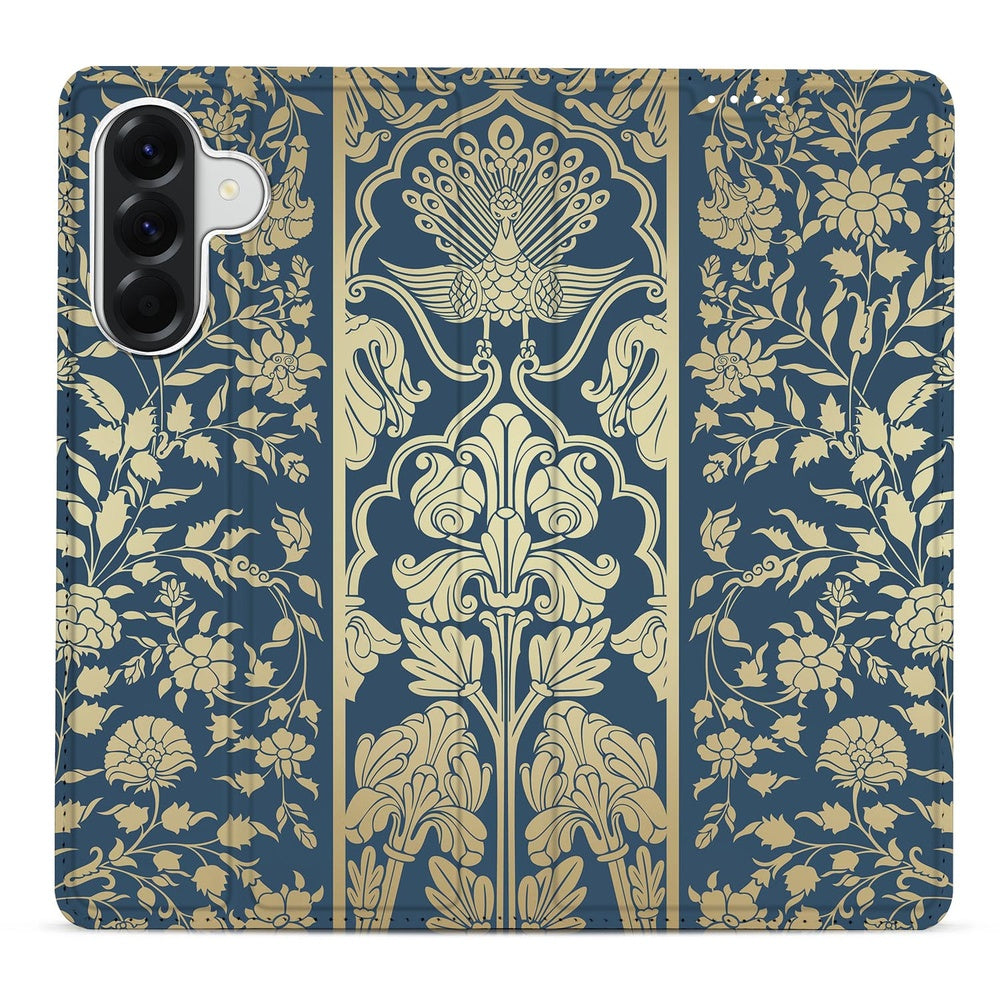 Book Case Samsung Galaxy A57 Beige Flowers boekhoesje beige bloemen donkerblauw detail.