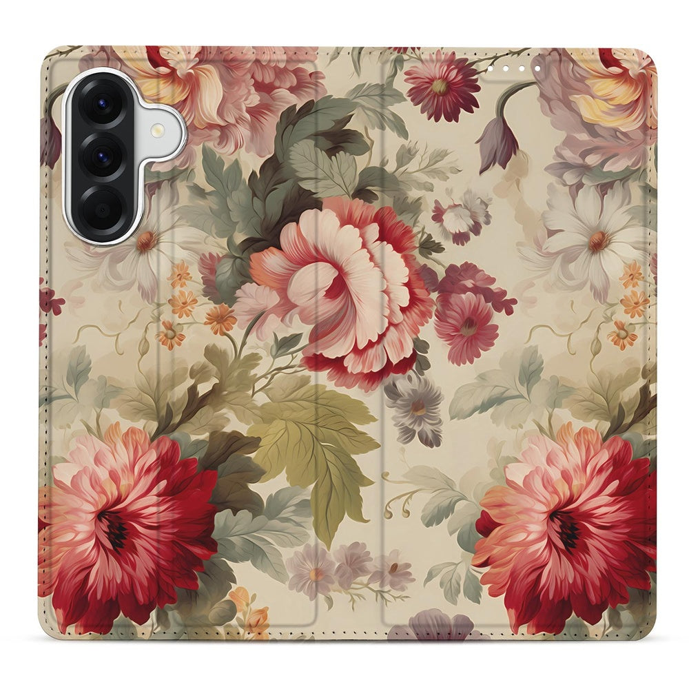 Samsung Galaxy A57 Flip Style Cover Bloemen bloemenprint beige achtergrond vooraanzicht.