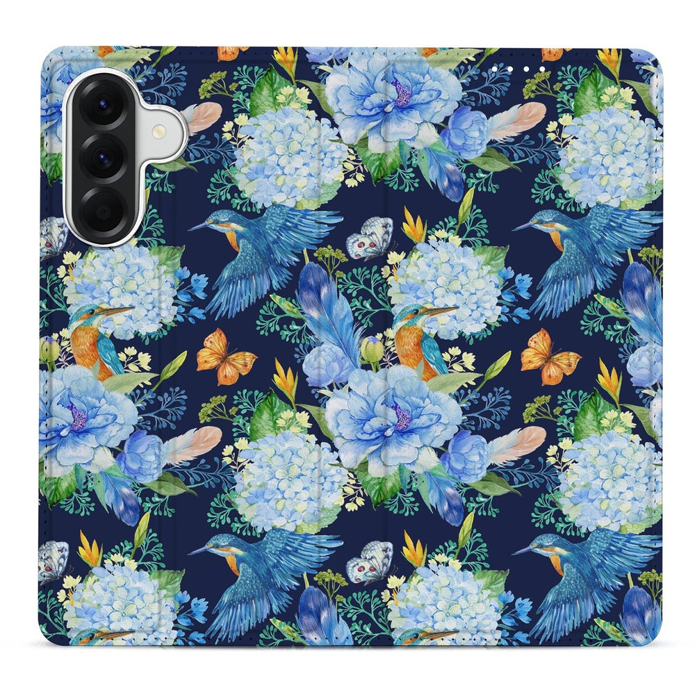 Samsung Galaxy A57 Book Wallet Case IJsvogel bloemenprint bovenaanzicht.