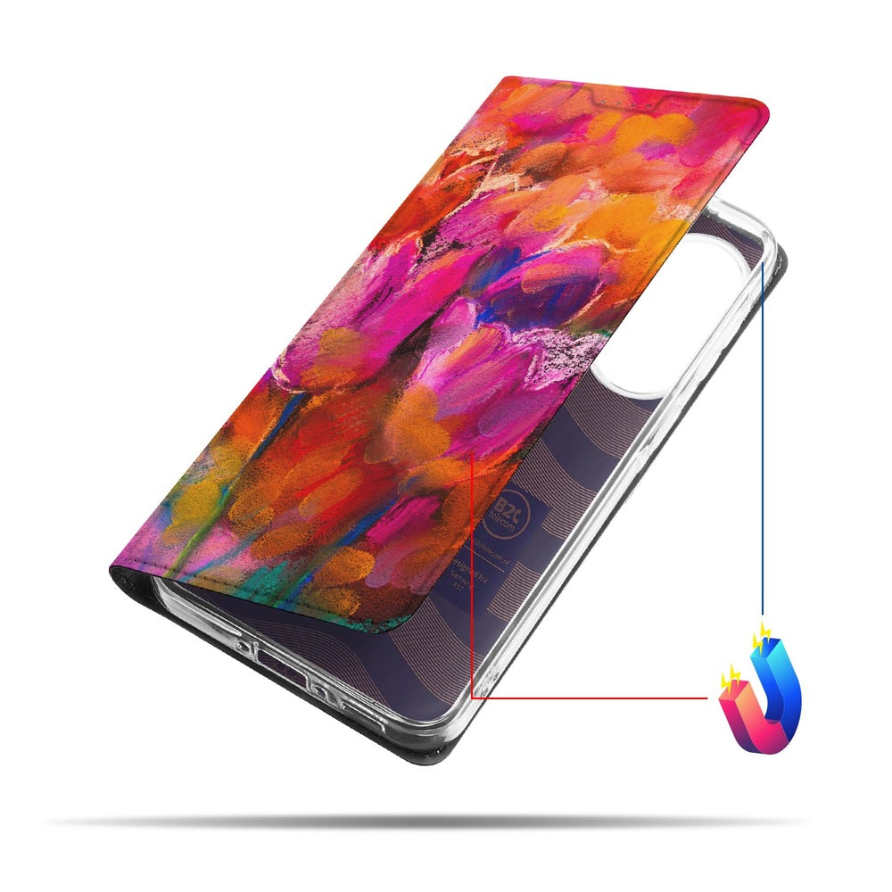 Samsung Galaxy A57 Book Wallet Case Tulips Voorkant met kleurrijke tulpenprint.
