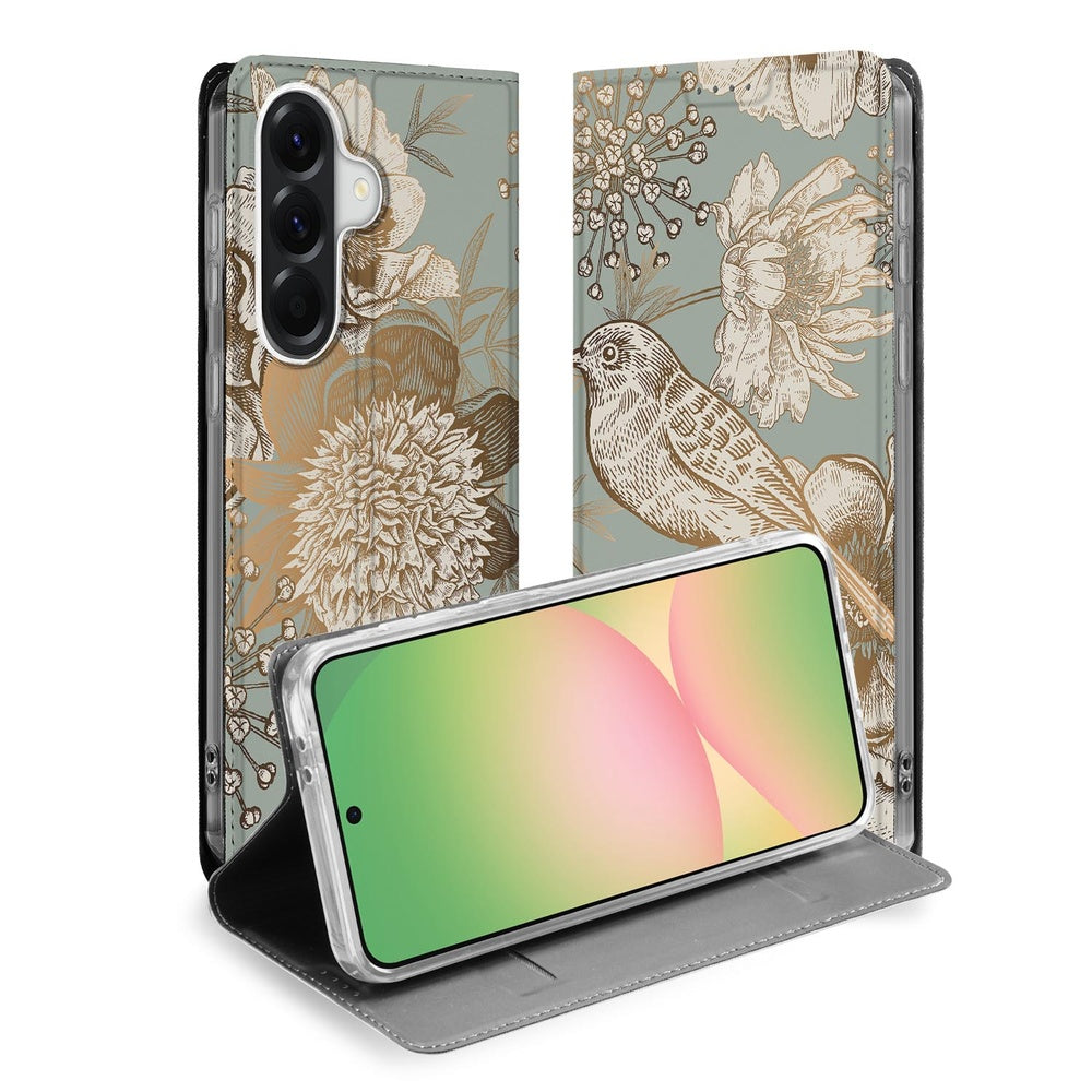 Samsung Galaxy A57 Book Cover Vintage Bird Flowers open view met vintage bloemen en vogels op teal achtergrond.
