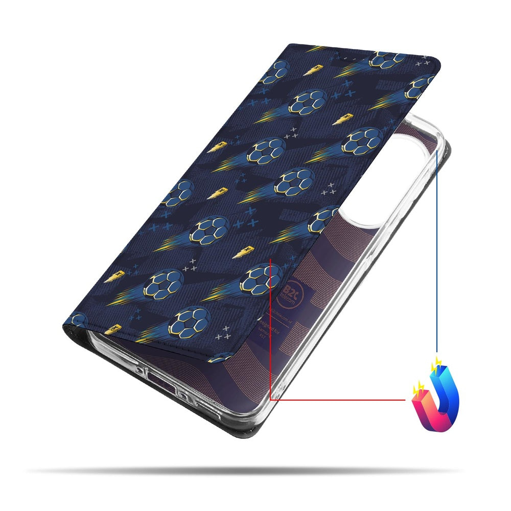 Samsung Galaxy A57 Book Wallet Case Voetbal design donkerblauw voetballen patroon vooraanzicht.