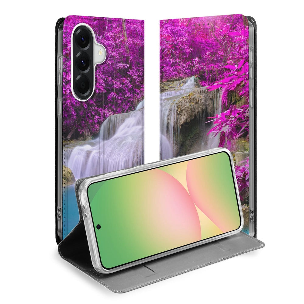 Samsung Galaxy A57 telefoonhoesje Waterval book cover design waterval tussen rotsen uitzicht.