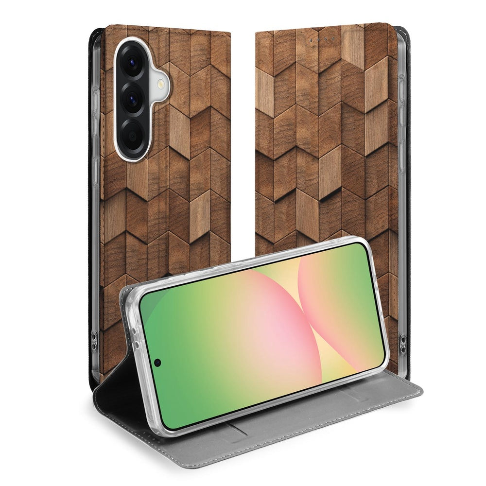 Samsung Galaxy A57 Smart Cover Hoesje Wooden Cubes hoesje houten blokken vooraanzicht.
