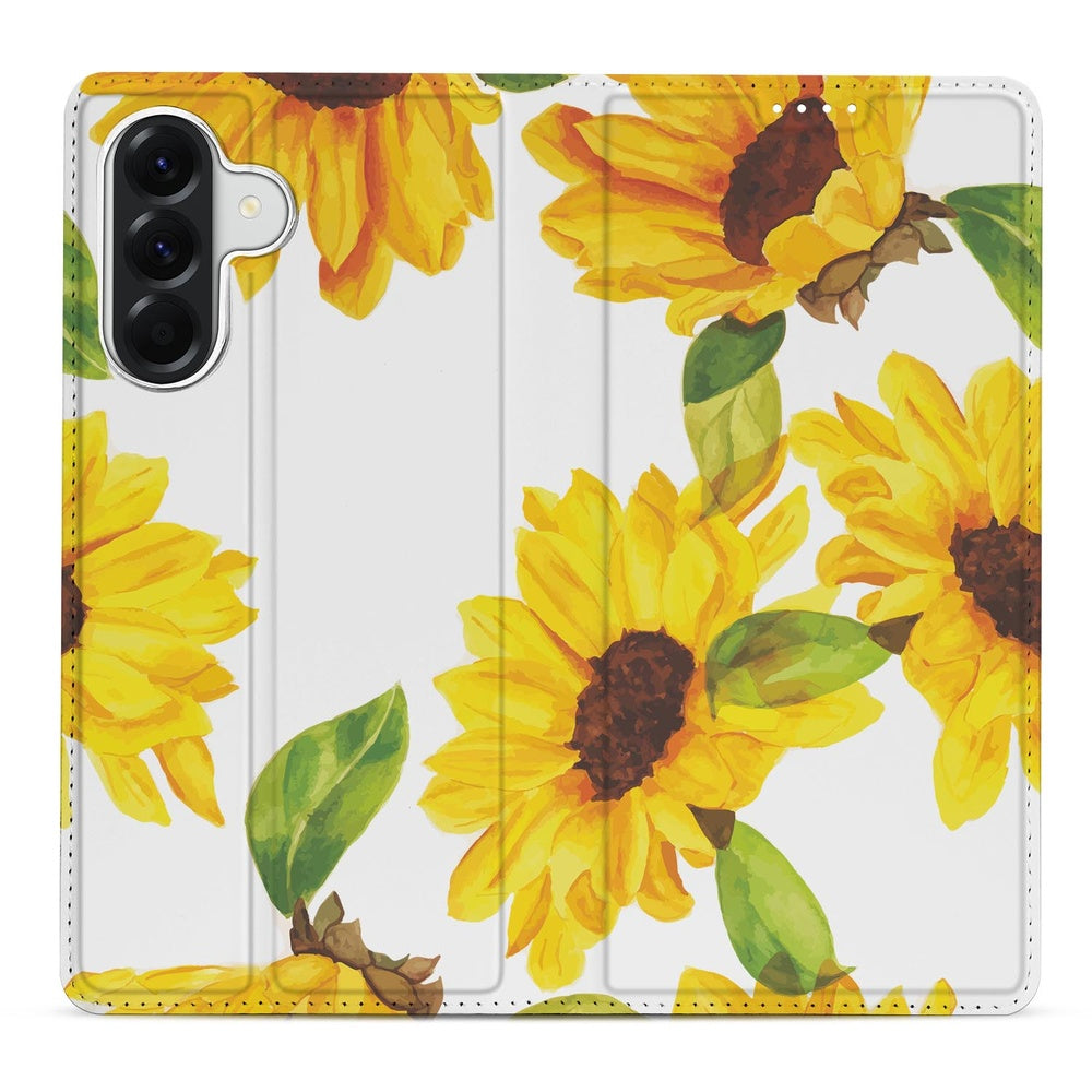 Samsung Galaxy A57 Book Case Zonnebloemen zonnebloemen ontwerp detail.
