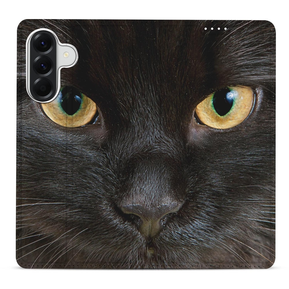 Samsung Galaxy A57 Book Case Zwarte Kat book case zwart kattenprint frontaanzicht.