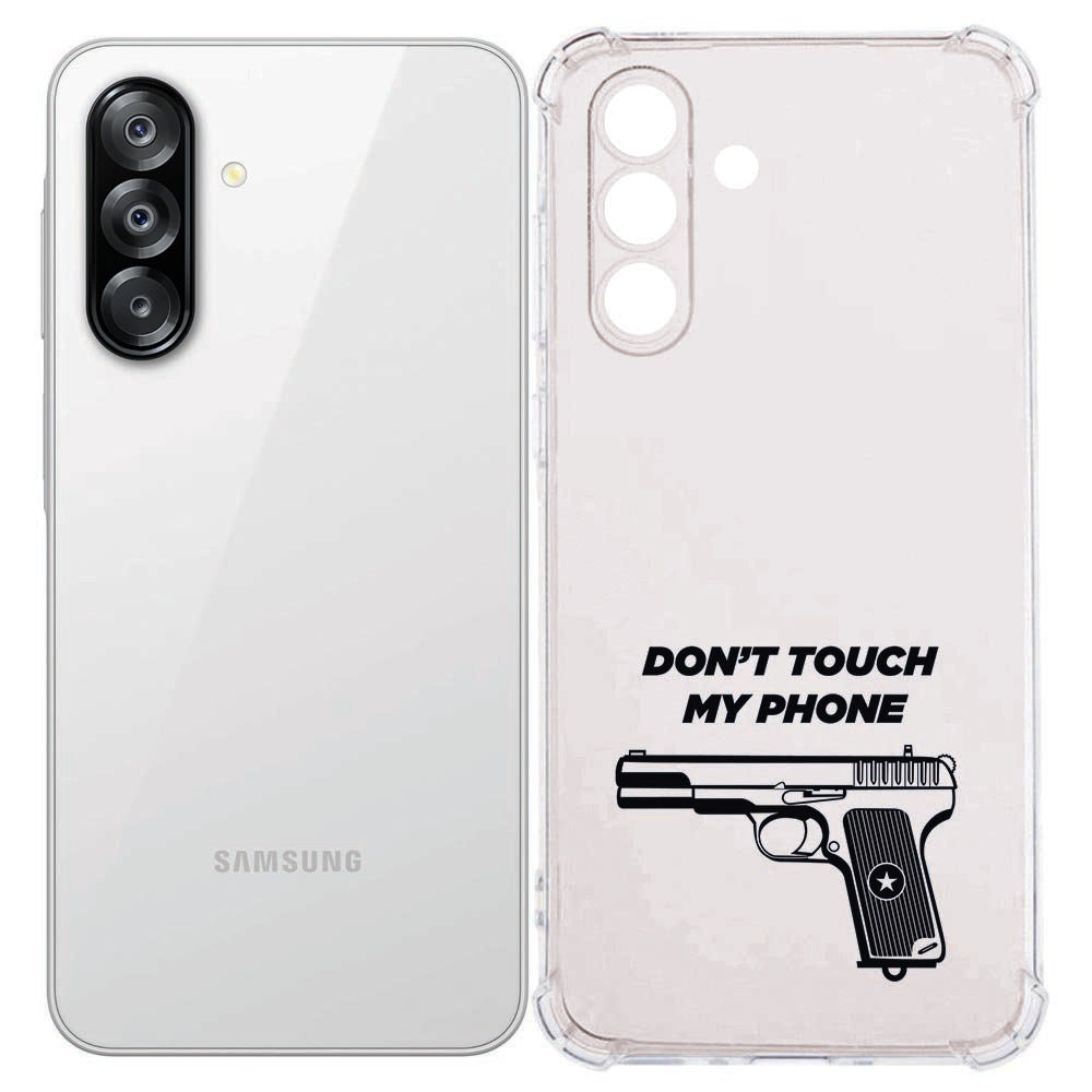 Samsung Galaxy A57 TPU Siliconen Hoesje Pistol DTMP Antishock achterkant met pistoolillustratie en tekst.