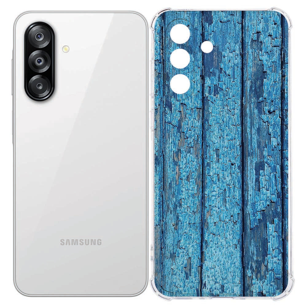 Samsung Galaxy A57 TPU Siliconen Hoesje Wood Blue Shockproof achterkant en zijkant.