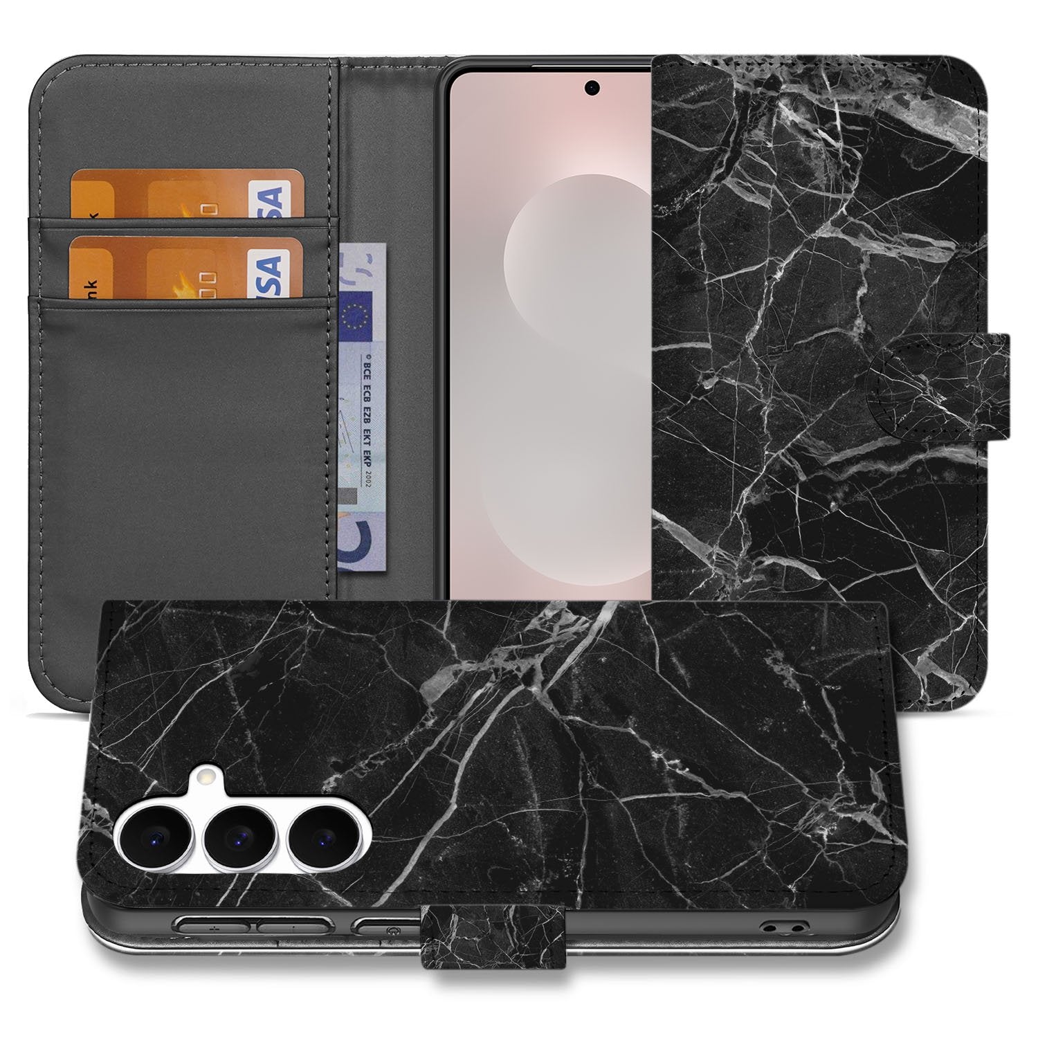 Samsung Galaxy S25 FE Bookcase Zwart Marmer Met Pasjesvak Luxe