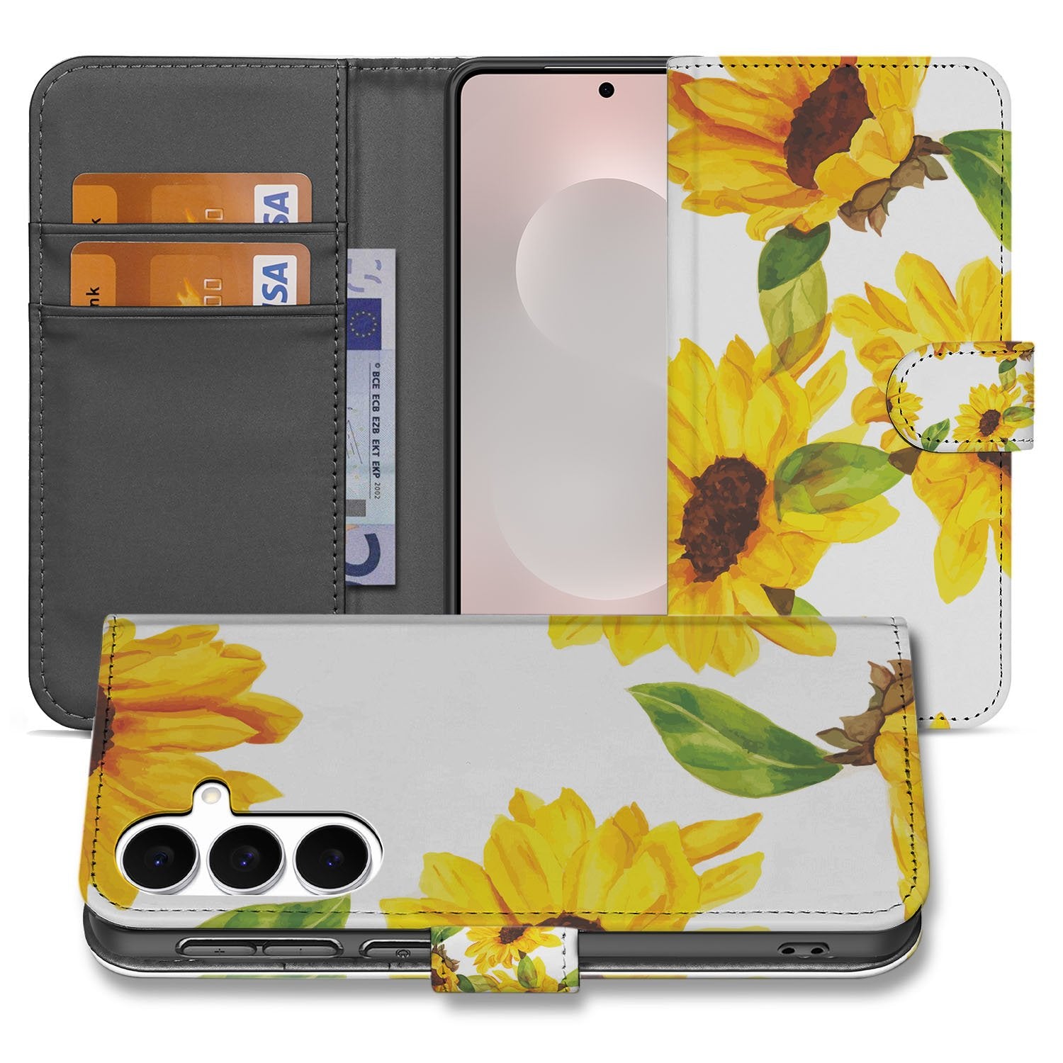 Samsung Galaxy S25 FE Hoesje Zonnebloemen Wallet PU Leer 3 Pasjes