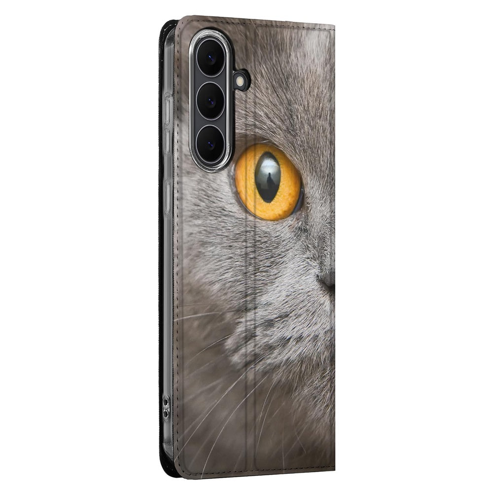 Samsung Galaxy S25 FE Book Wallet Case Britse Korthaar design grijze kat aanzicht