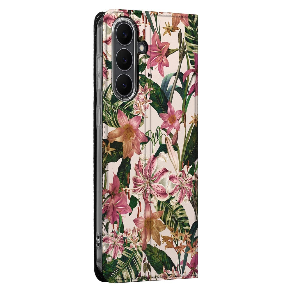 Samsung Galaxy S25FE Book Case Flowers boek hoes bloemen groene bladeren zijkant