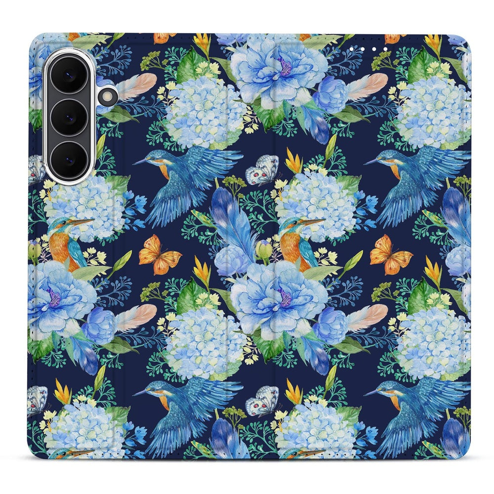 Flip Style Cover Samsung Galaxy S25FE IJsvogel boek hoes ijsvogelprint bloemen design