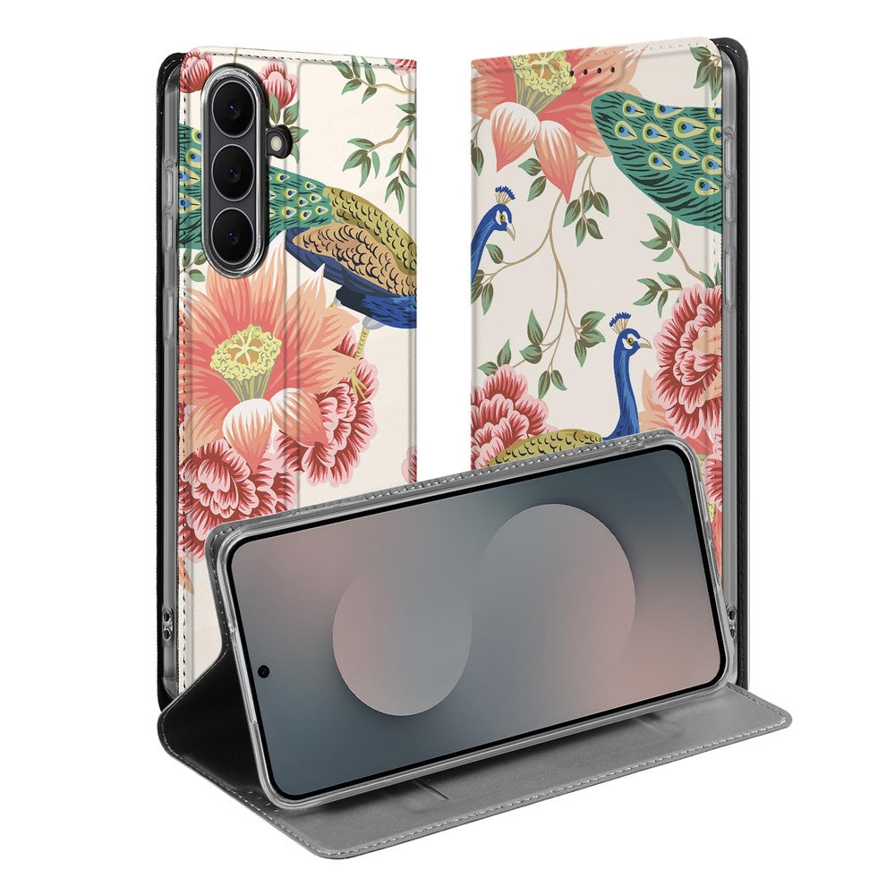 Bookcase Samsung Galaxy S25 FE Pink Peacock bookcase pauwenprint open aanzicht