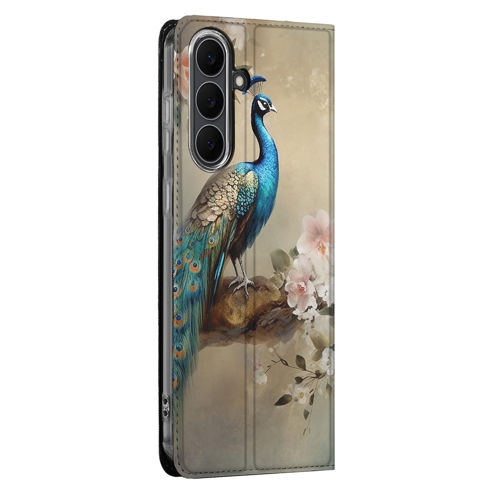 Samsung Galaxy S25 FE Standcase Hoesje Vintage Pauwen pauw bloemen aanzicht