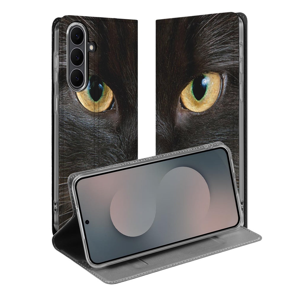 Samsung Galaxy S25 FE Book Wallet Case Zwarte Kat design zwarte kat ogen aanzicht