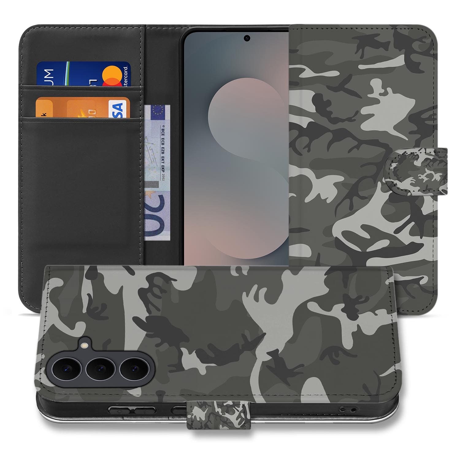 Samsung Galaxy S26 FE bookcase hoesje met Army Light camouflageprint in grijs en groen