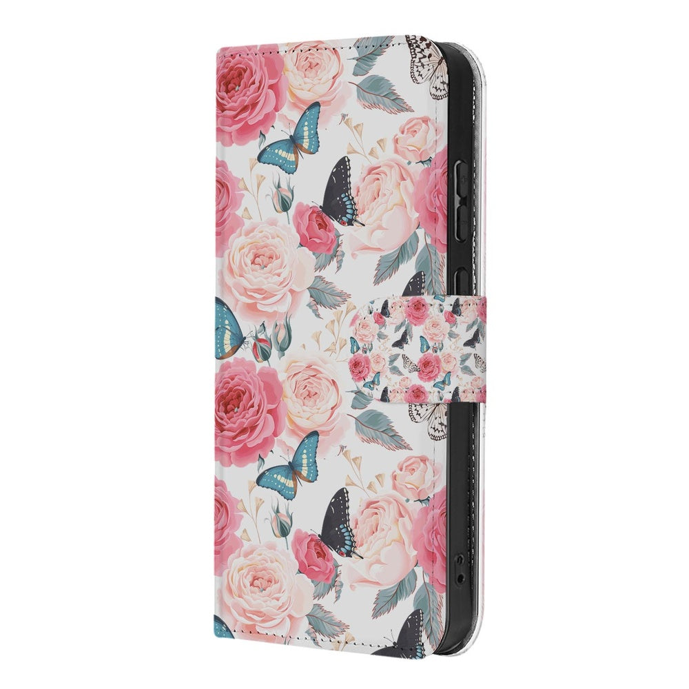 Samsung Galaxy S26 Plus Bookcase Hoesje Roze Butterfly Roze rozen met vlinders Geopend Aanzicht.