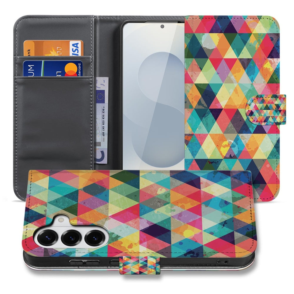 Samsung Galaxy S26 Plus Telefoonhoesje Geruit Book Case kleurrijk ontwerp voorzijde.