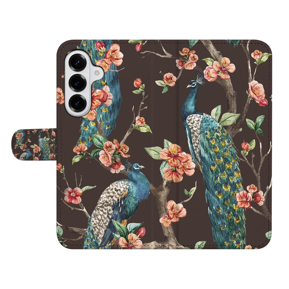 Samsung Galaxy S26 Plus Bookcase Hoesje Pauw Bloemen Print pauwen bloemenprint bruin.