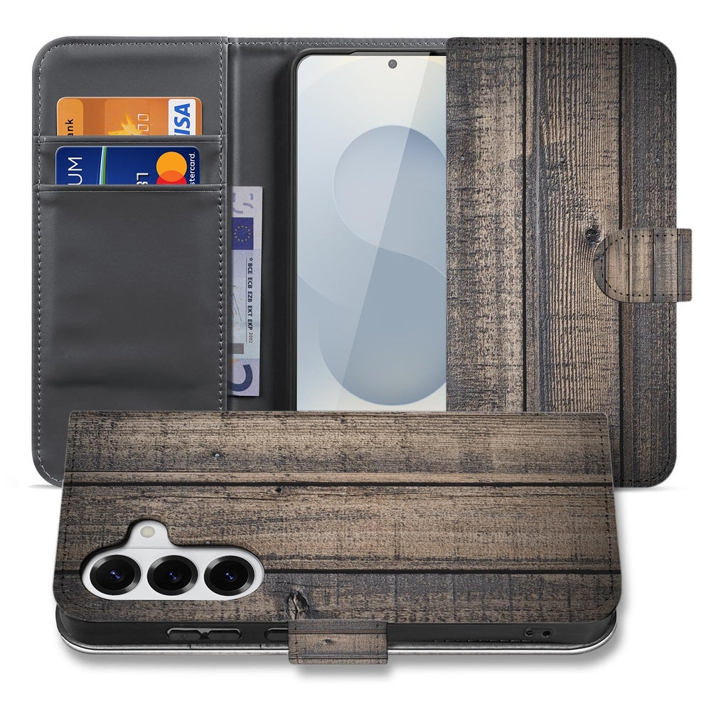 Samsung Galaxy S26 Plus Bookstyle Hoesje Steigerhout Design boekstijl hoes met houtprint en portemonnee functie.