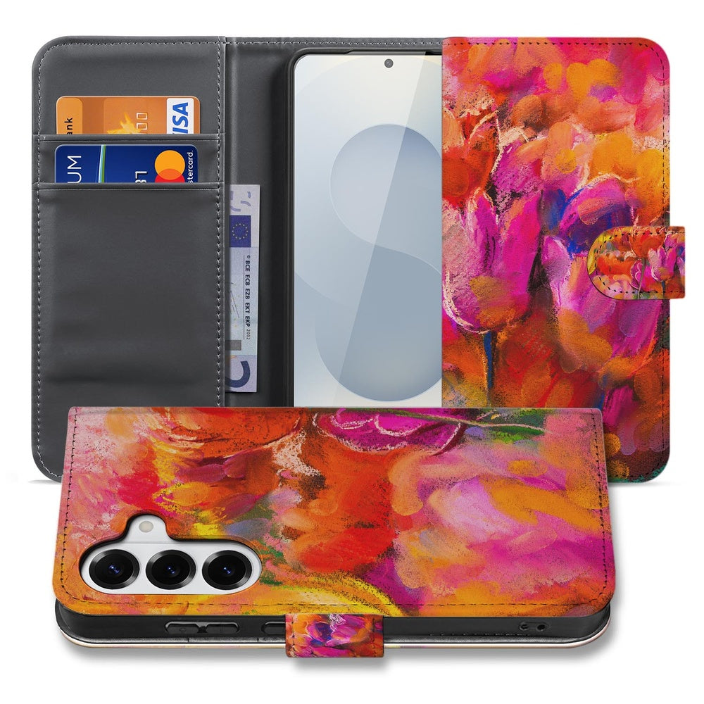 Samsung Galaxy S26 Plus Bookcase Hoesje Tulips design roze bloemen front en binnenzijde.