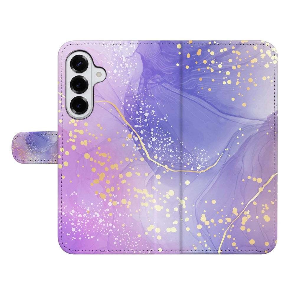 Samsung Galaxy S26 Plus Watercolor Paars Hoesje met gouden spetters Book Case Aanzicht.