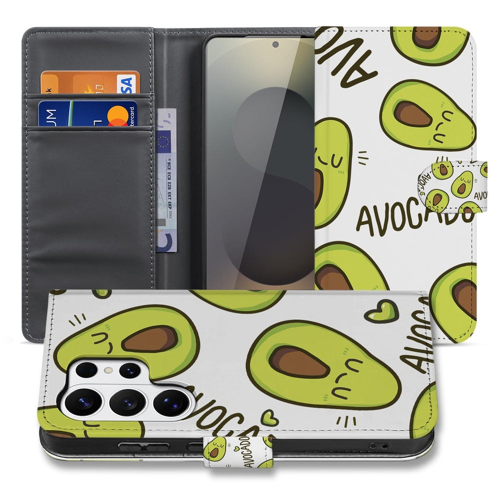 Book Case Samsung Galaxy S26 Ultra Avocado Singing Groen Portemonnee Hoesje open met avocadoprint in groen en wit.