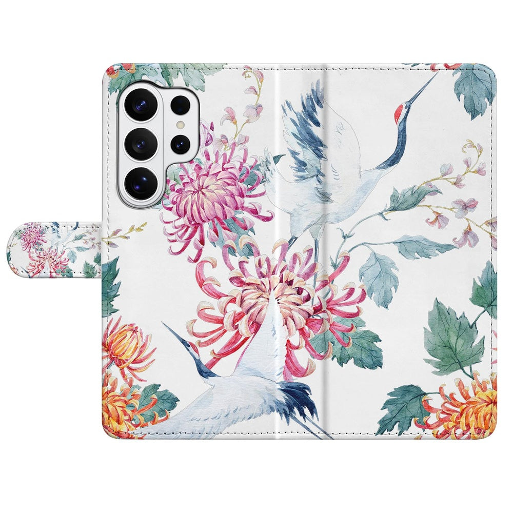 Samsung Galaxy S26 Ultra Bookcase Hoesje Met Pasjes Bird Flowers Print met Pasjeshouder Vooraanzicht.