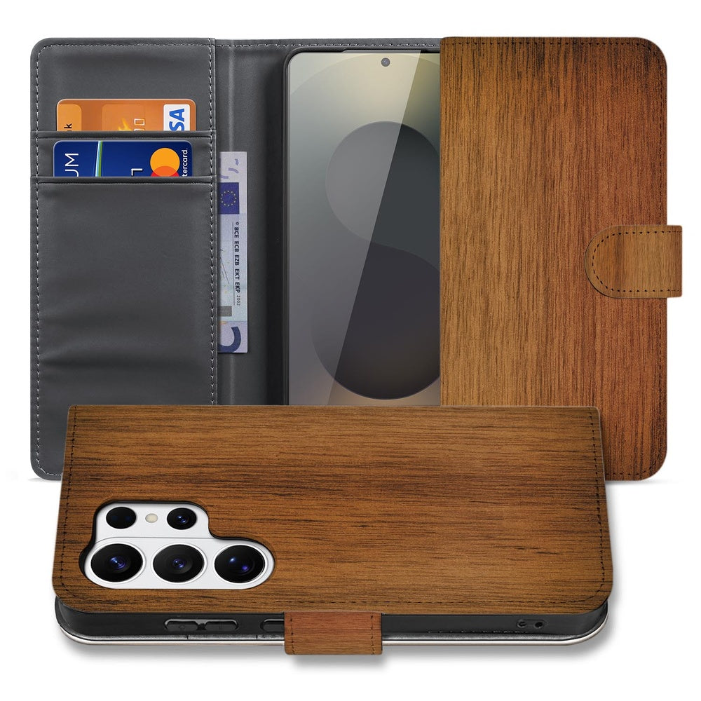 Samsung Galaxy S26 Ultra Book Case Donker Hout met Magnetische sluiting met open flap en kaarten