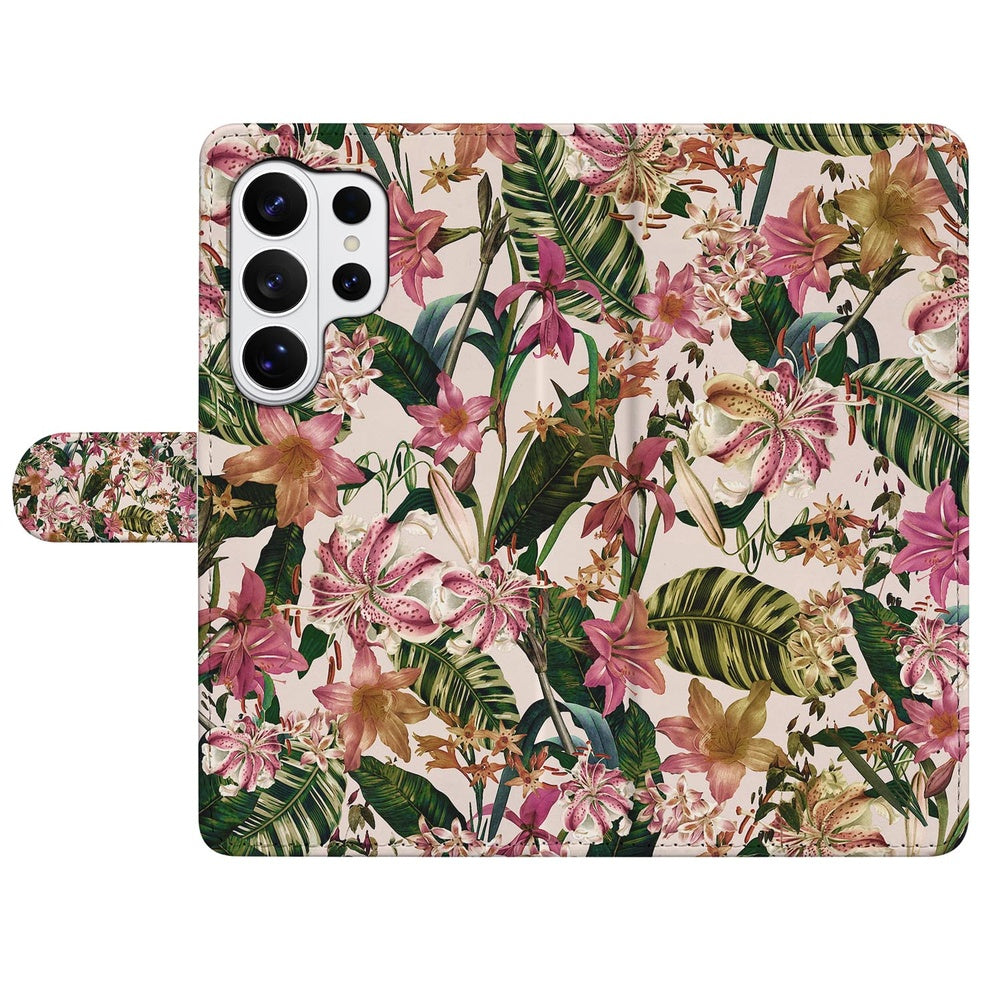 Bookcase Samsung Galaxy S26 Ultra Paars Wit Bloemen Portemonnee Hoesje met bloemenpatroon en stevige bescherming.