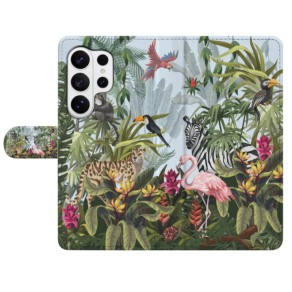 Samsung Galaxy S26 Ultra Hoesje Met Pasjes Jungle Design met Pasjeshouder Voorkant met levendige jungleprint.