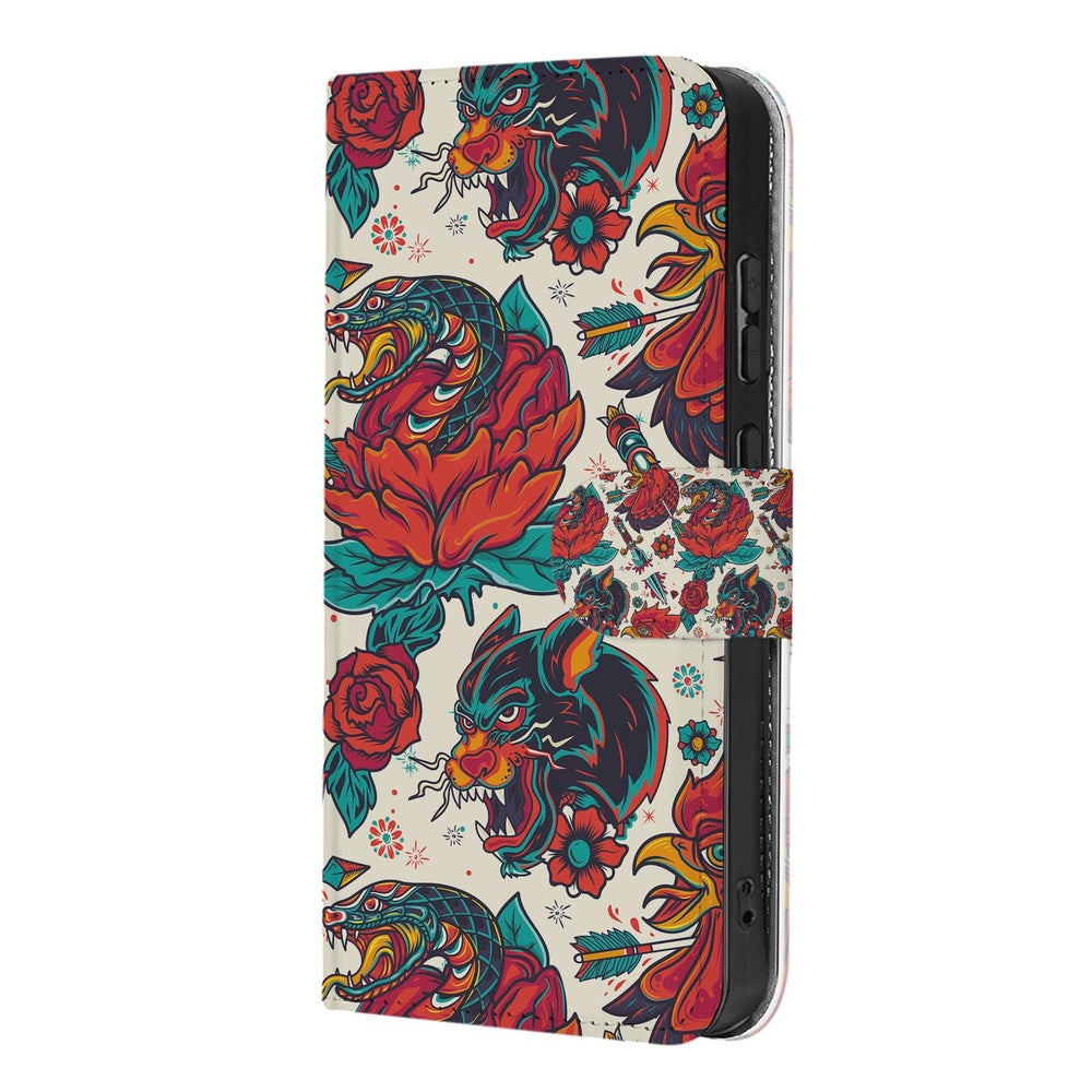 Samsung Galaxy S26 Ultra Telefoonhoesje Old Skool tattoo-luxe design met rozen en draken zijkant.