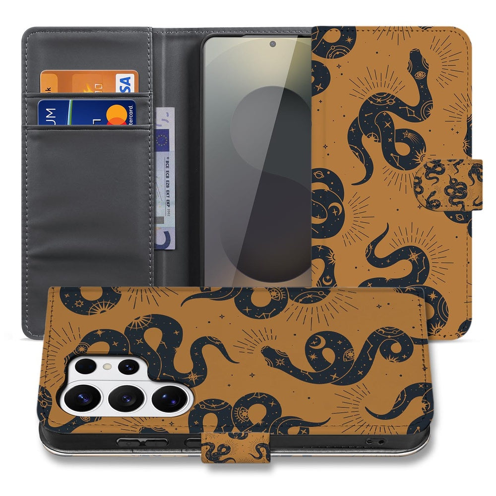 Telefoonhoesje Samsung Galaxy S26 Ultra Slangenontwerp met Pasjeshouder slangenprint bruin vooraanzicht.
